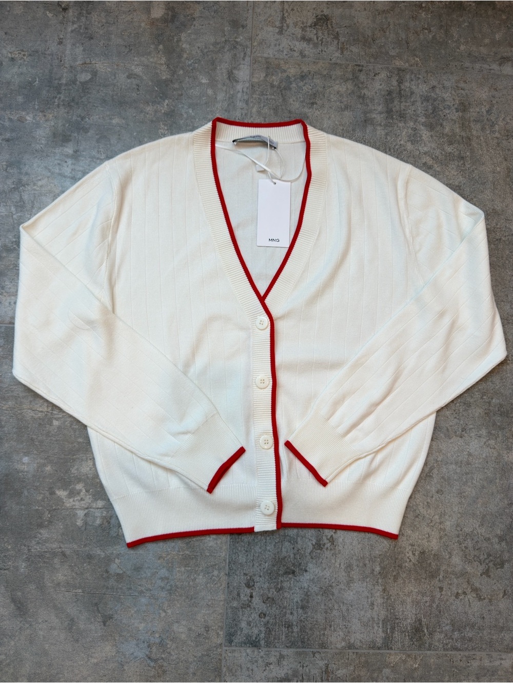 Mango Cream V-Neck Cardigan with Red Trim